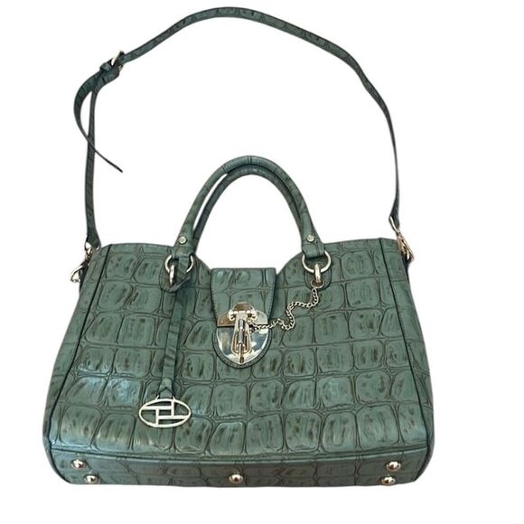 Gorgeous green faux leather crossbody bag lots of pockets inside 1 outside EUC - Picture 1 of 13